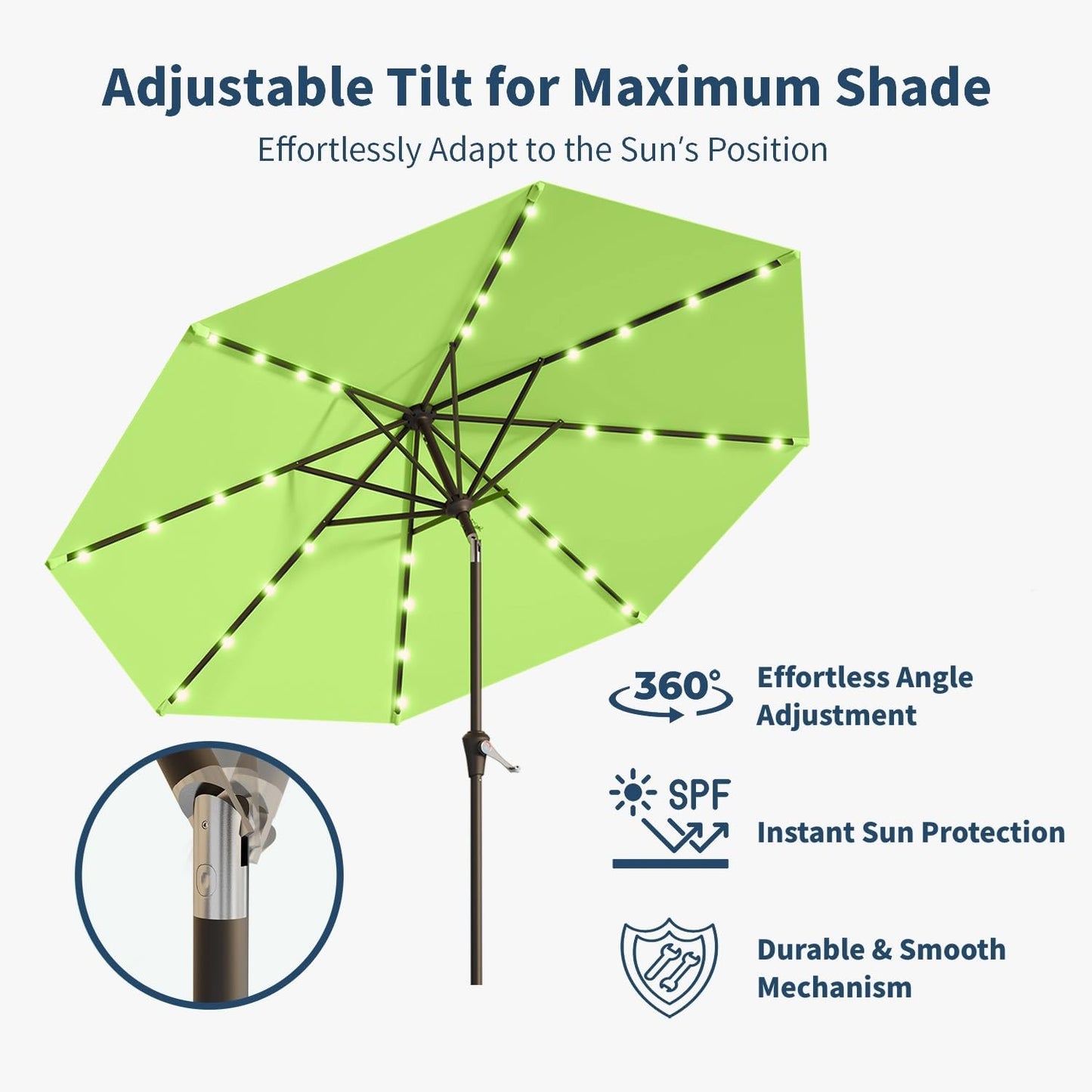 10FT Solar Umbrella 32 LED Lighted Patio Umbrella Table Market Umbrella w/Tilt and Crank, UV-Resistant Outdoor Umbrella for Pool, Garden, Deck, Apple Green