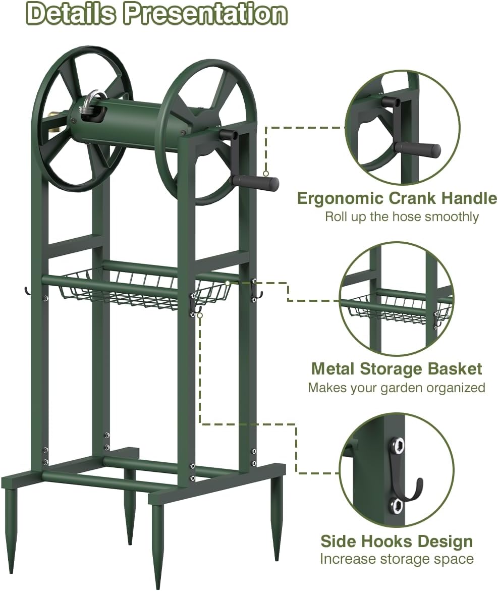 Freestanding Garden Hose Reel holds 125ft Hose of 5/8" with 4 Hooks, 4-Spike Outdoor Hose Holder with 3.9ft Leader Hose & Brass Fitting, Detachable Metal Hose Stand with Storage Rack, Green