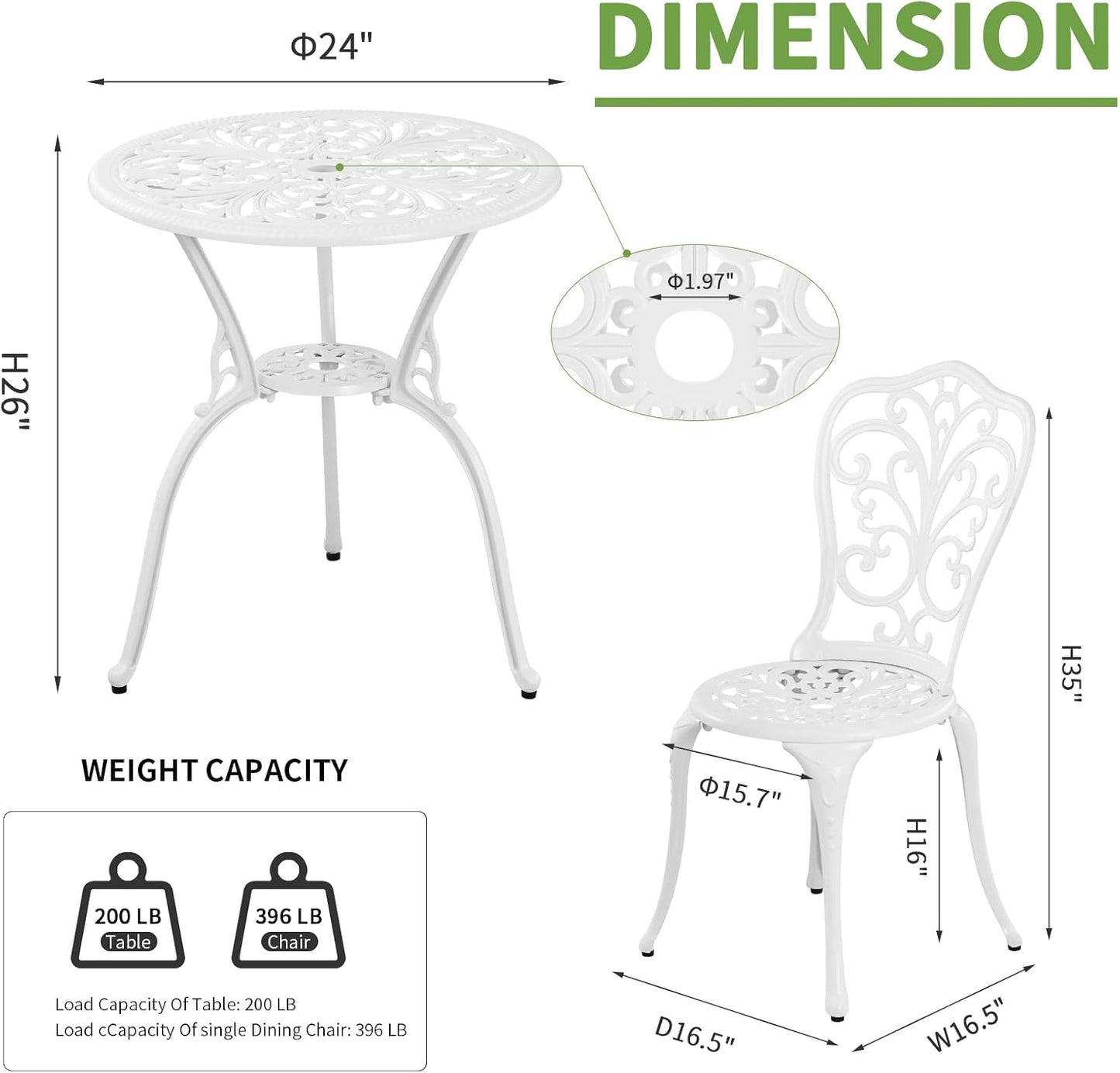Patio Bistro Sets, Cast Aluminum Bistro Table and Chairs Set of 2 with Umbrella Hole, Bistro Set 3 Piece Outdoor, Metal Patio Furniture Set for Garden Porch, White