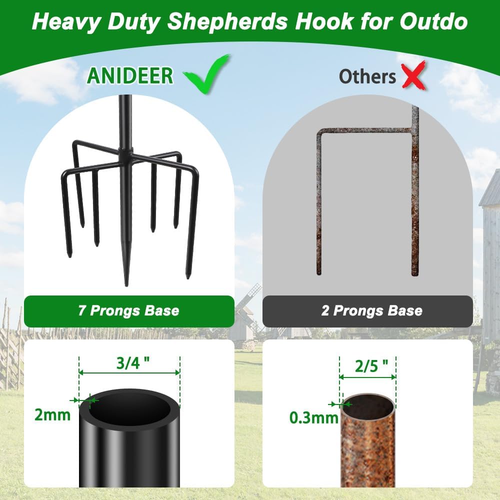 72" Shepherds Hooks for Outdoor, Heavy Duty Bird Feeder Pole with 7 Base Prongs, Adjustable Garden Hanging Holder for Bird Feeders, Solar Light Lanterns, Garden Plant Hanger Stands, 2 Packs