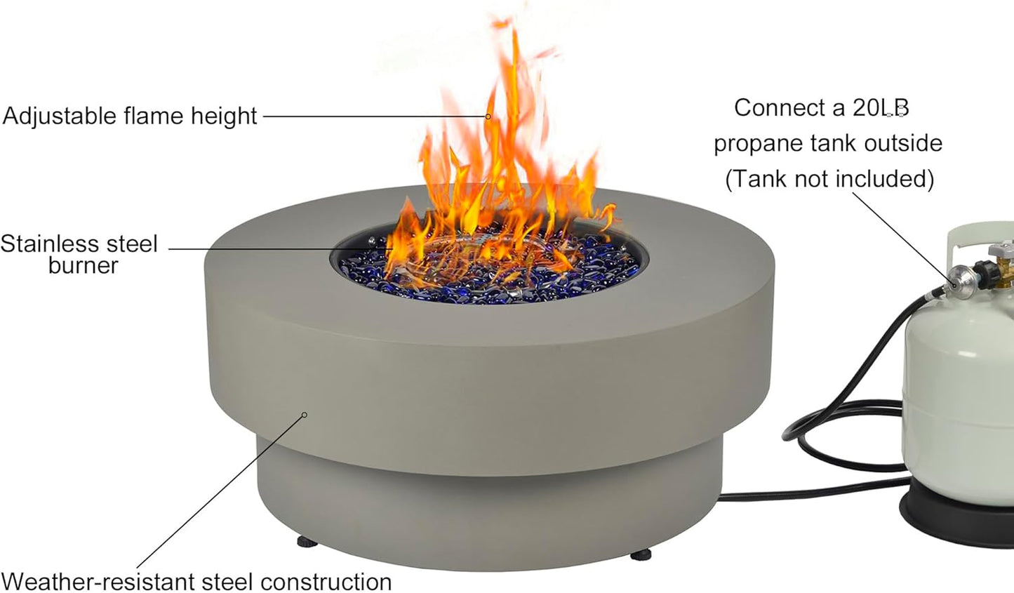 Propane Outdoor Fire Pit Table, Flint & Concrete Look 32-inch Round Patio Propane Fire Table 50,000 BTU w/Lid, Glass Rocks, Cover, Pre-Attached 10ft Hose
