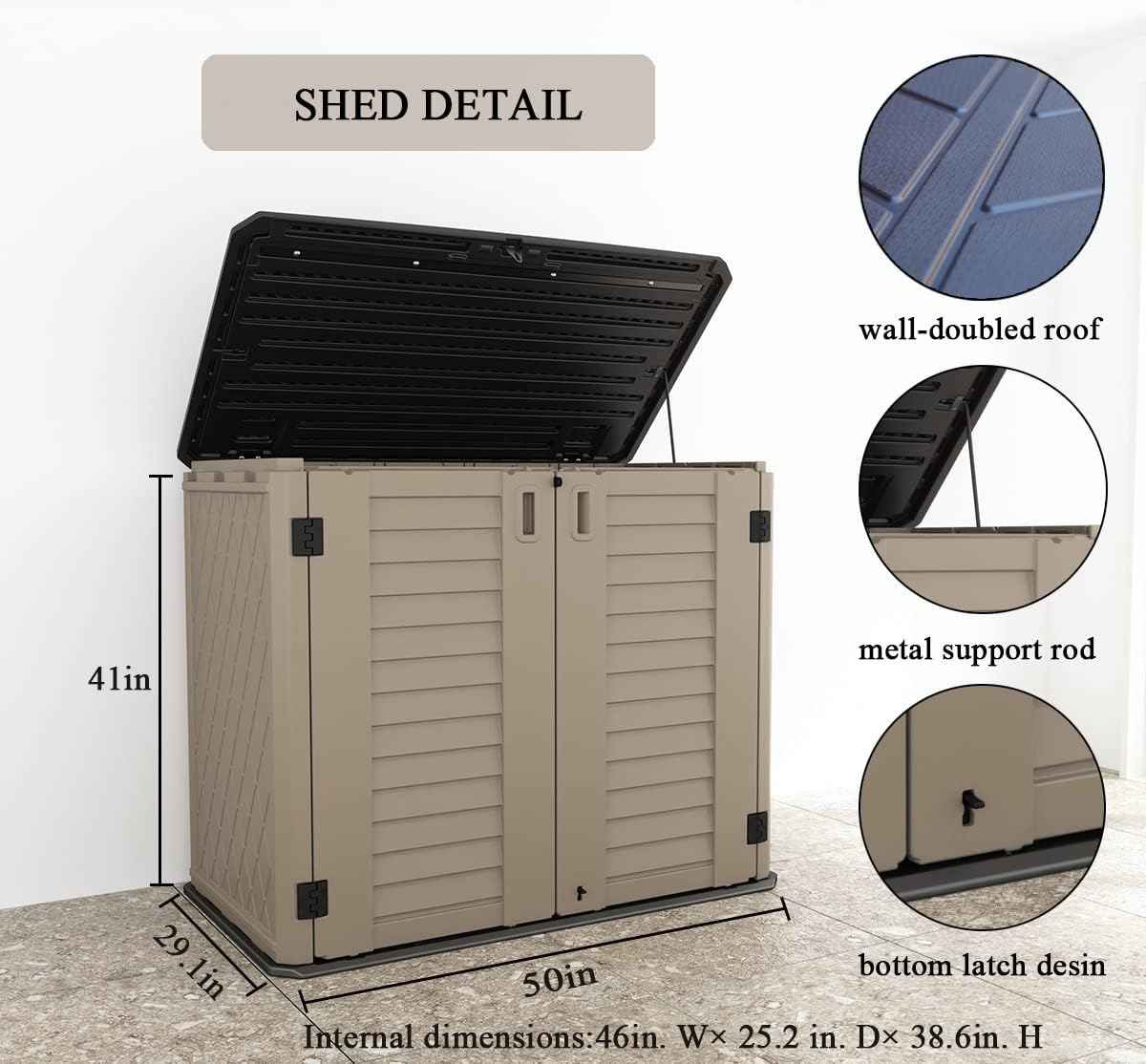 KINYING Outdoor Storage Shed - Horizontal Storage Box Waterproof for Garden, Patios, Backyards, Multi-Opening Door for Easy Storage of Garbage Cans, Tools, Lawn Mower, 26 Cubic Feet,Brown
