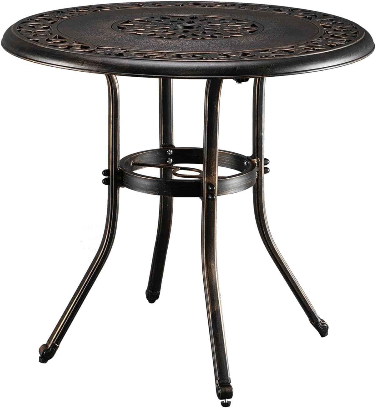 VINGLI 32 Inch Outdoor Patio Table with Umbrella Hole, Cast Aluminum Round Patio Dining Table Bistro Table for Backyard, Garden, Patio, Porch (Bronze)