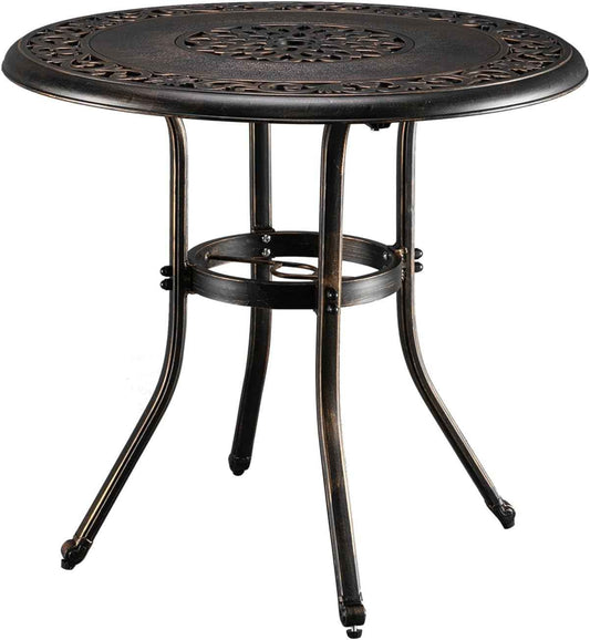 VINGLI 32 Inch Outdoor Patio Table with Umbrella Hole, Cast Aluminum Round Patio Dining Table Bistro Table for Backyard, Garden, Patio, Porch (Bronze)