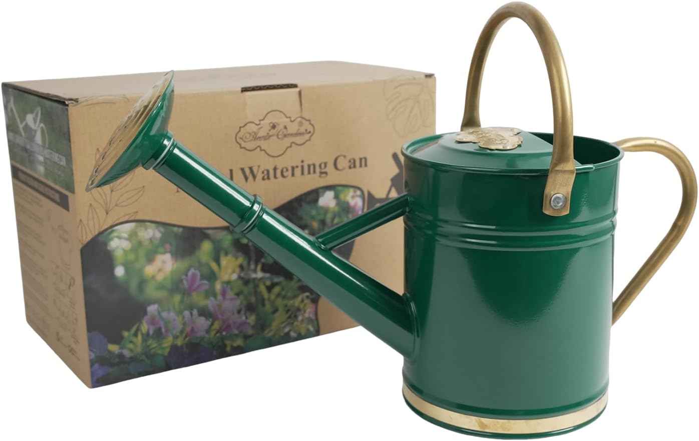 1 Gallon Green Metal Watering Can with Solid Brass Details, Removable Watering Rose, Decorative Garden Can for Indoor Plants, Patio and Greenhouse
