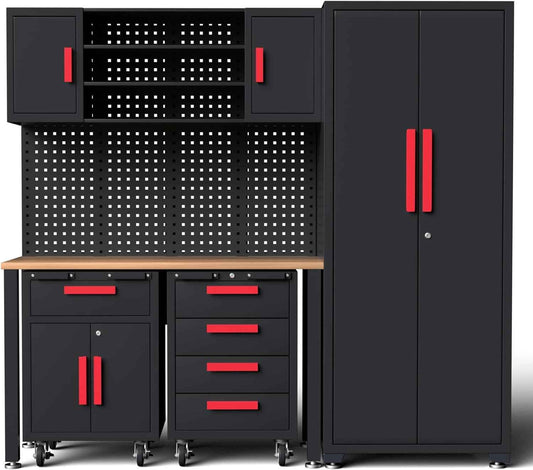 6Piece Garage Storage Cabinet System, Garage Cabinets and Storage System Workshop Set with Steel Cabinet, Cabinet Drawers, Workbench, Pegboard for Tool Organization