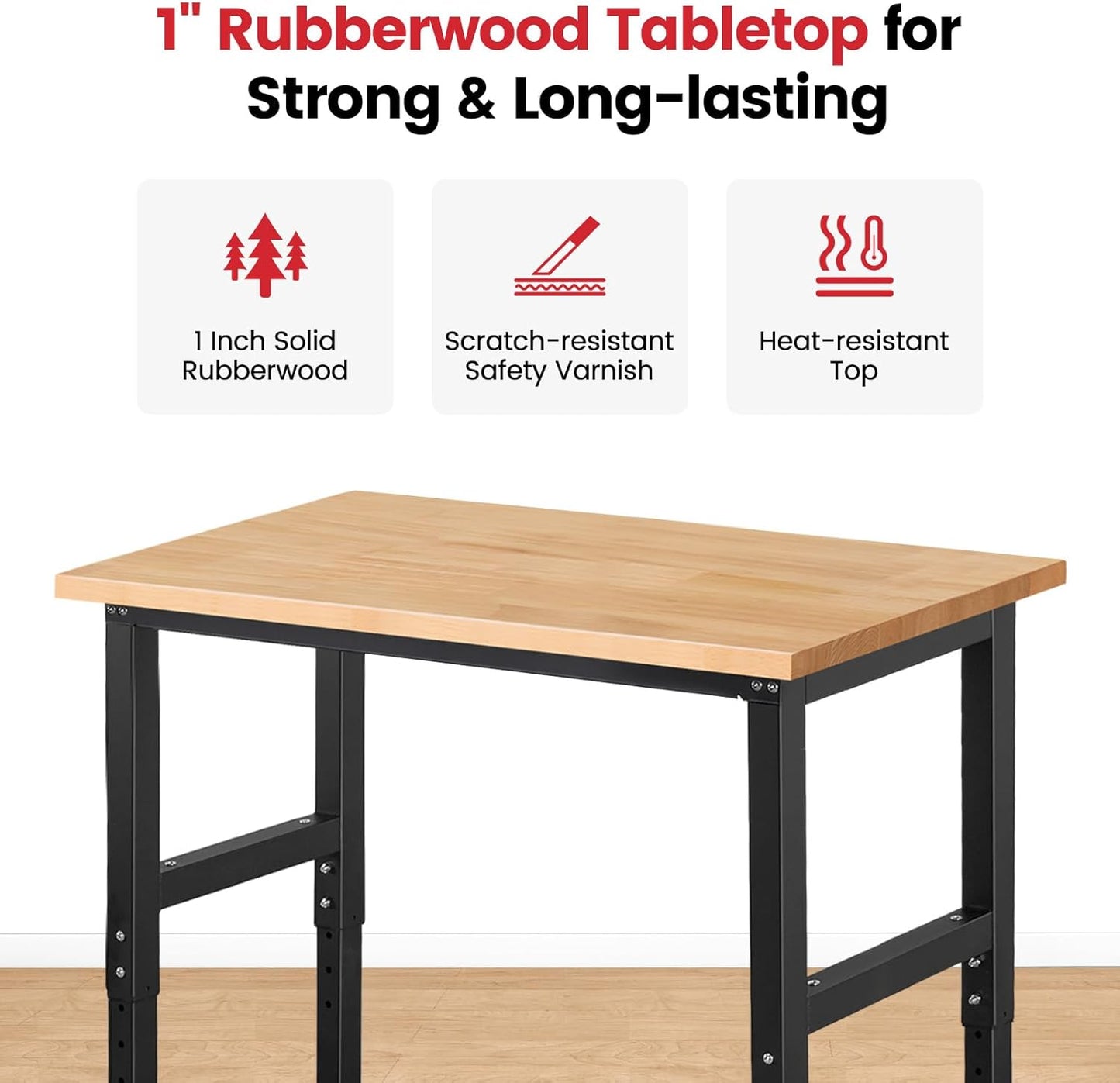 Work Bench for Garage Workbench Adjustable Height Work Table for Shop Woodworking, 41 x 20 Heavy Duty Rubber Wood Top for Office, Home, Commercial