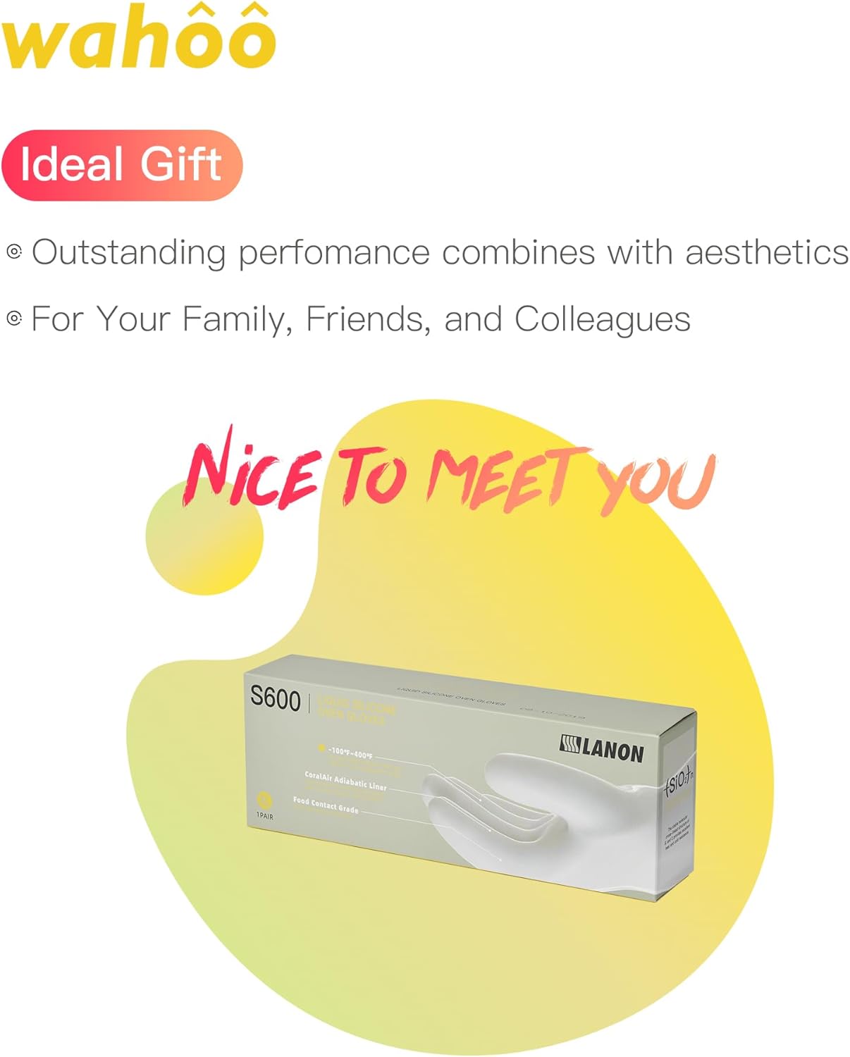 wahoo Professional Liquid Silicone Oven Mitts Gloves, Heat Resistant Gloves for Cooking, Baking, CoralAir Liner, 12 Inch, Yellow, Large