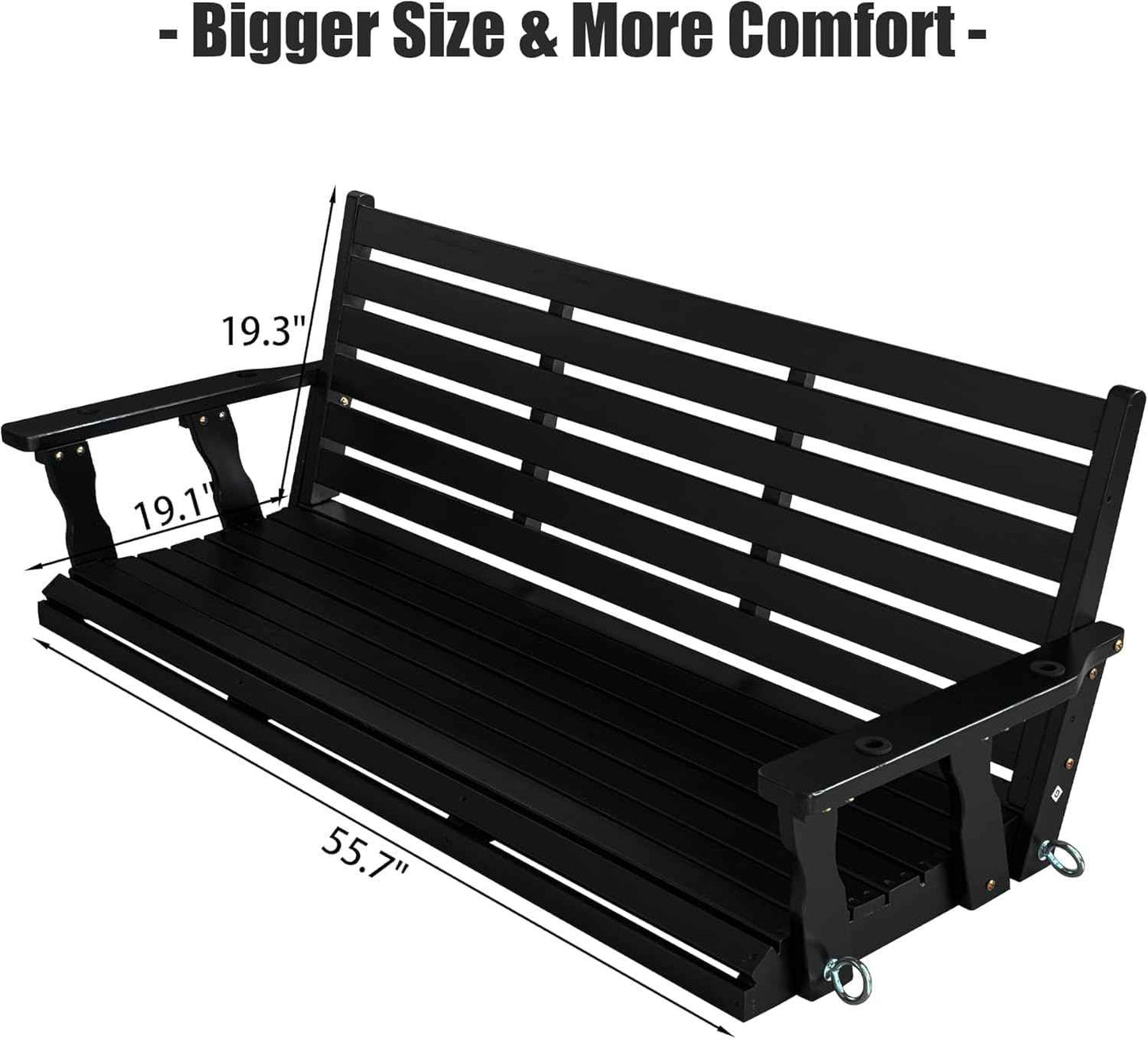 Wooden Porch Swing, Ergonomic Seat, Bench Swing with Hanging Chains and 7mm Springs, Heavy Duty 880 LBS, for Outdoor Patio Garden Yard (Carbon Black, 3-Seater Extra Large)
