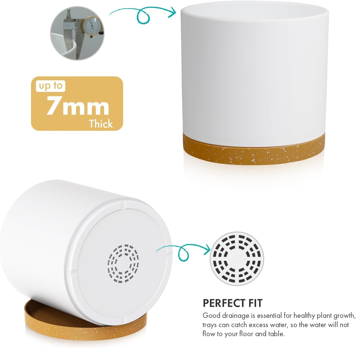 10 Inch Large Flower Pots for Indoor Outdoor Plants, Cylinder Deep Plant Pots with Drainage Holes and Saucer, Big Decorative Plastic Planter Pots for Garden House Plants, White with Brown