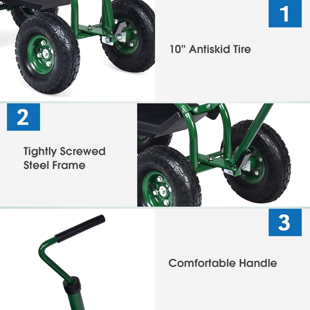 Goplus Rolling Garden Seat with Wheels, Outdoor Gardening Scooter with 360° Swivel Seat, Tool Tray & Basket, Adjustable Steering Handle for Lawn, Gardening Stool, Garden Cart for Planting