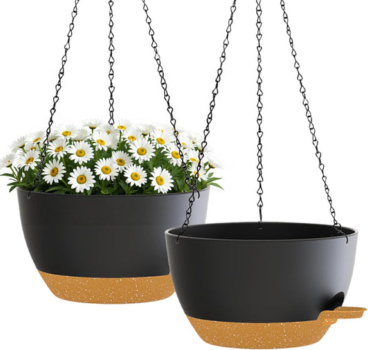 10 Inch Hanging Planters with Chains 2 Pack Self Watering Black Brown Plastic Hanging Pots for Indoor Outdoor Plants, Garden Porch Home Decor (Black Brown)