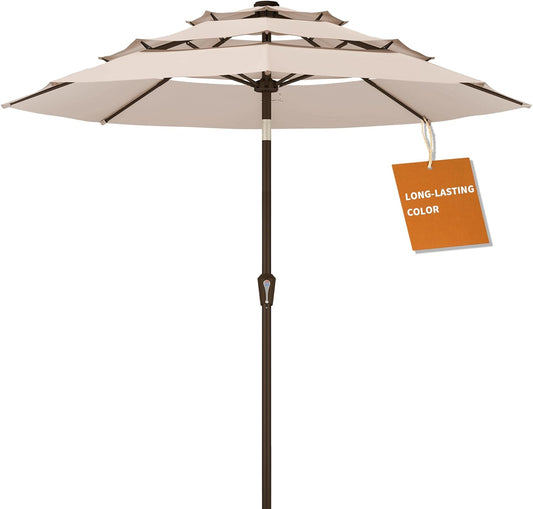 Kingdura 9ft 3-Tier Patio Umbrella, Outdoor Table Umbrella with Easy Crank & Tilt, 8 Reinforced Ribs, UV Protection for Deck, Pool, Market, Backyard (Beige)