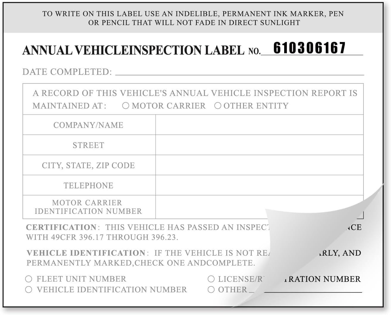 Annual Vehicle Inspection Report Form with Red Exterior Aluminum Inspection Label (6"x3.5"), and White Interior Inspection Label (5"x4") 25-pk