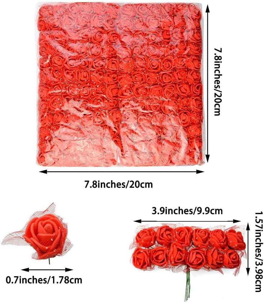 432 Pcs Mini Artificial Rose Flower Heads Real Looking Foam Fake Roses Heads for DIY Wedding Flowers Accessories Bridal Hair Clips Headbands Dress Decoration(Red)