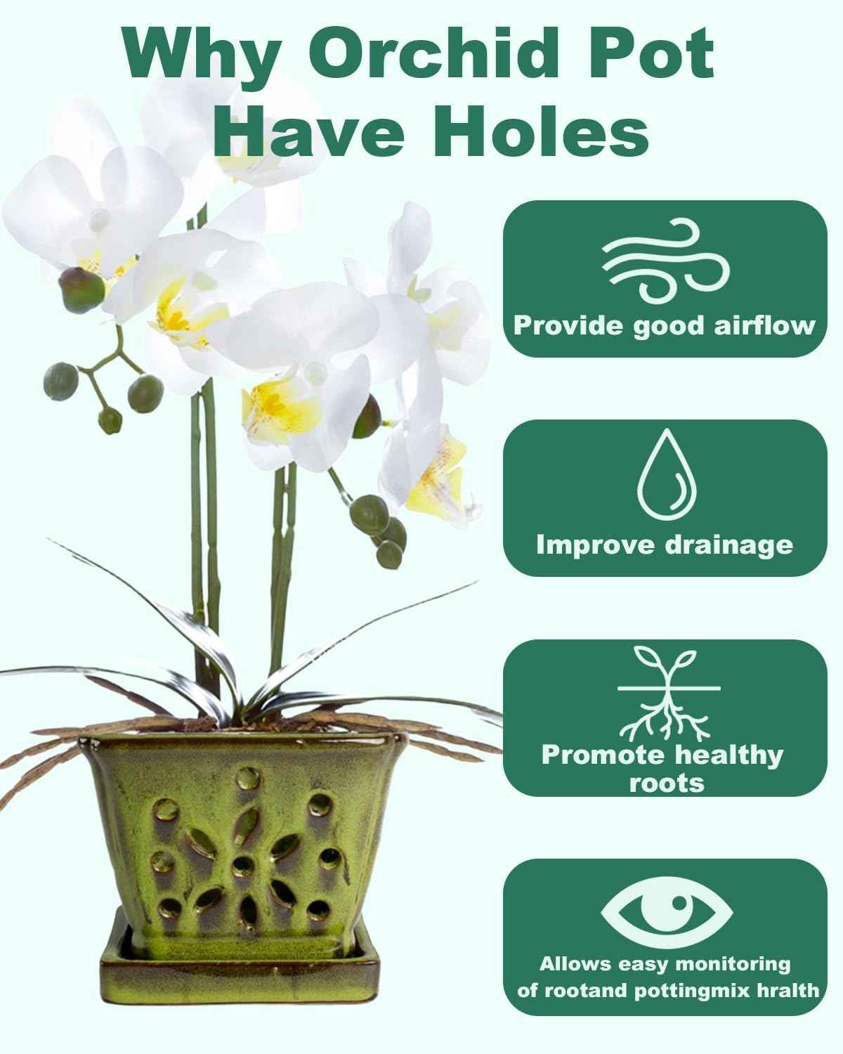 vensovo 5.5 Inch Orchid Pot with Holes Rectangular for Repotting, Ceramic Orchid Planter Indoor/Outdoor Use with Enhanced Airflow & Drainage, Green