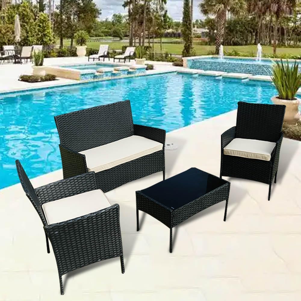 3-Pack Outdoor Patio Furniture Replacement Cushion Set–High-Elastic Sponge Cushions Fit 4-Piece Wicker Rattan Sofa, Loveseat & Chairs, 36x18x2 & 18x18x2, Waterproof, Fade-Resistant (Khaki)