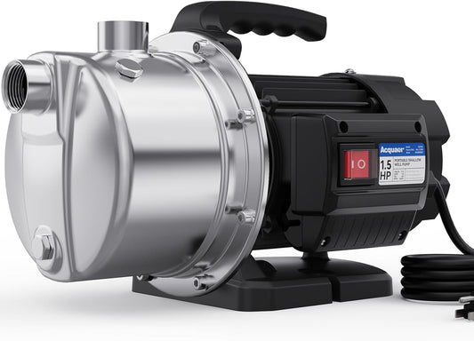 Acquaer 1.5 HP Portable Shallow Well Pump Garden Pump, Stainless Steel, 1210 GPH, 115V Sprinkler Water Transfer Draining Irrigation for Water Removal and Lawn Garden