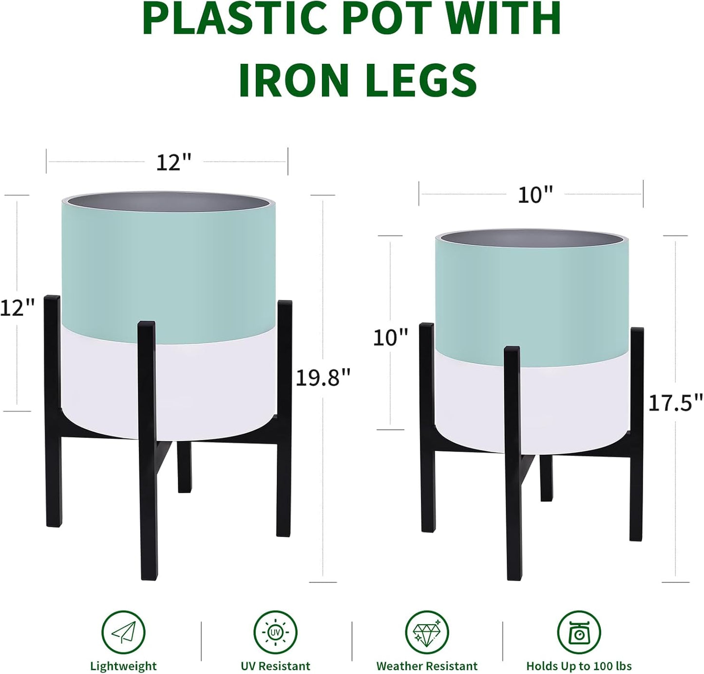 10 & 12 Inches Plant Pots with Stand-Large Indoor Planters with with Drainage Holes,Modern Planting Pots with White and Green Color Matching for Living Room, Office, Garden Or Balcony