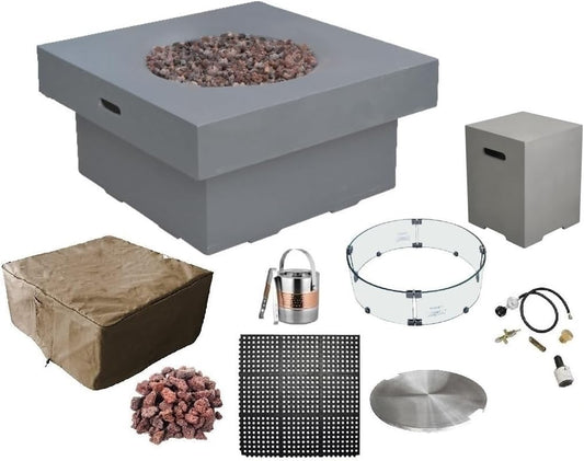 AMS Fireplace | Modeno Branford Package | Light Gray Liquid Propane Gas Fire Pit Table for Outside Patio Bundle with Tank Cover, Wind Guard & SS Burner Lid | Free Ice Bucket & Rubber Mat