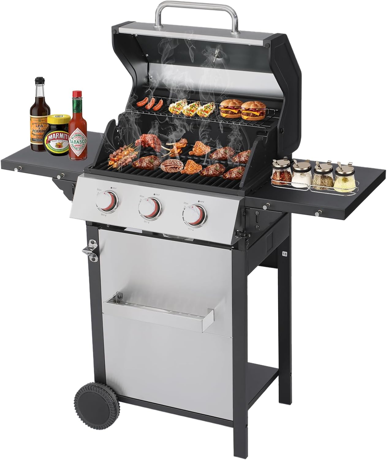 CIG GARDEN 3-Burner Propane Gas Grill,Outdoor Barbecue Grill with 2 Foldable Side Tables,Double-layer Stainless Steel Grill Lid with Cast Iron Grates,31500 BTU Output Perfect for Camping,BBQ Grill