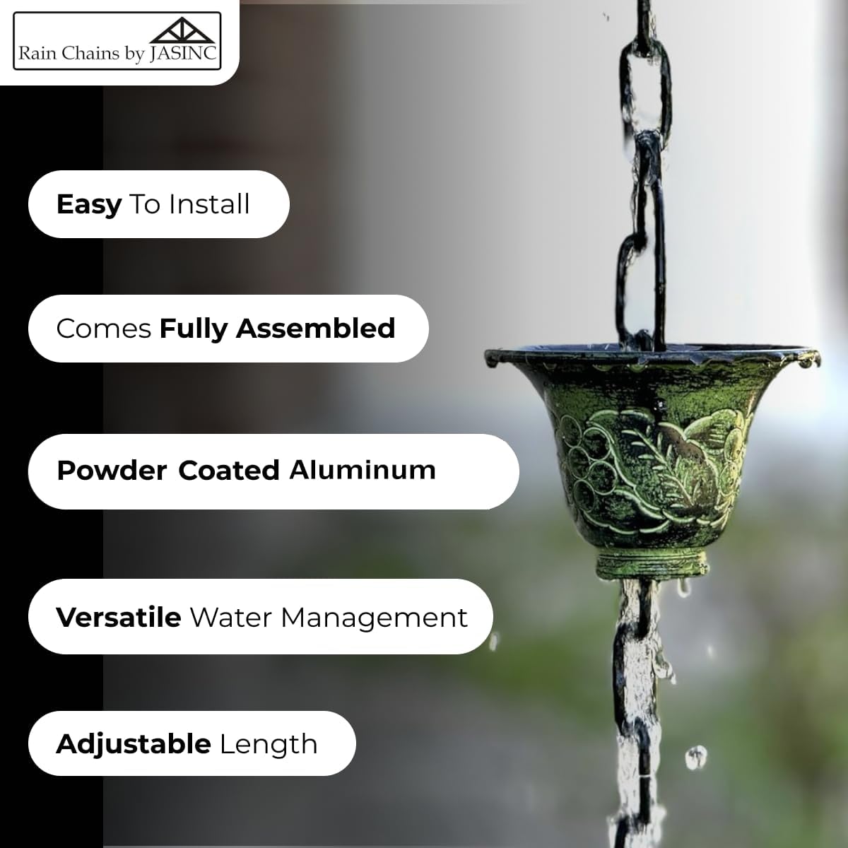 8.5 ft Grape Leaf Vineyard Cups Green Patina, to Replace Roof Gutter Downspout, with Installation Kit, Rainwater Catcher/Water Diverter, JAS8005GN