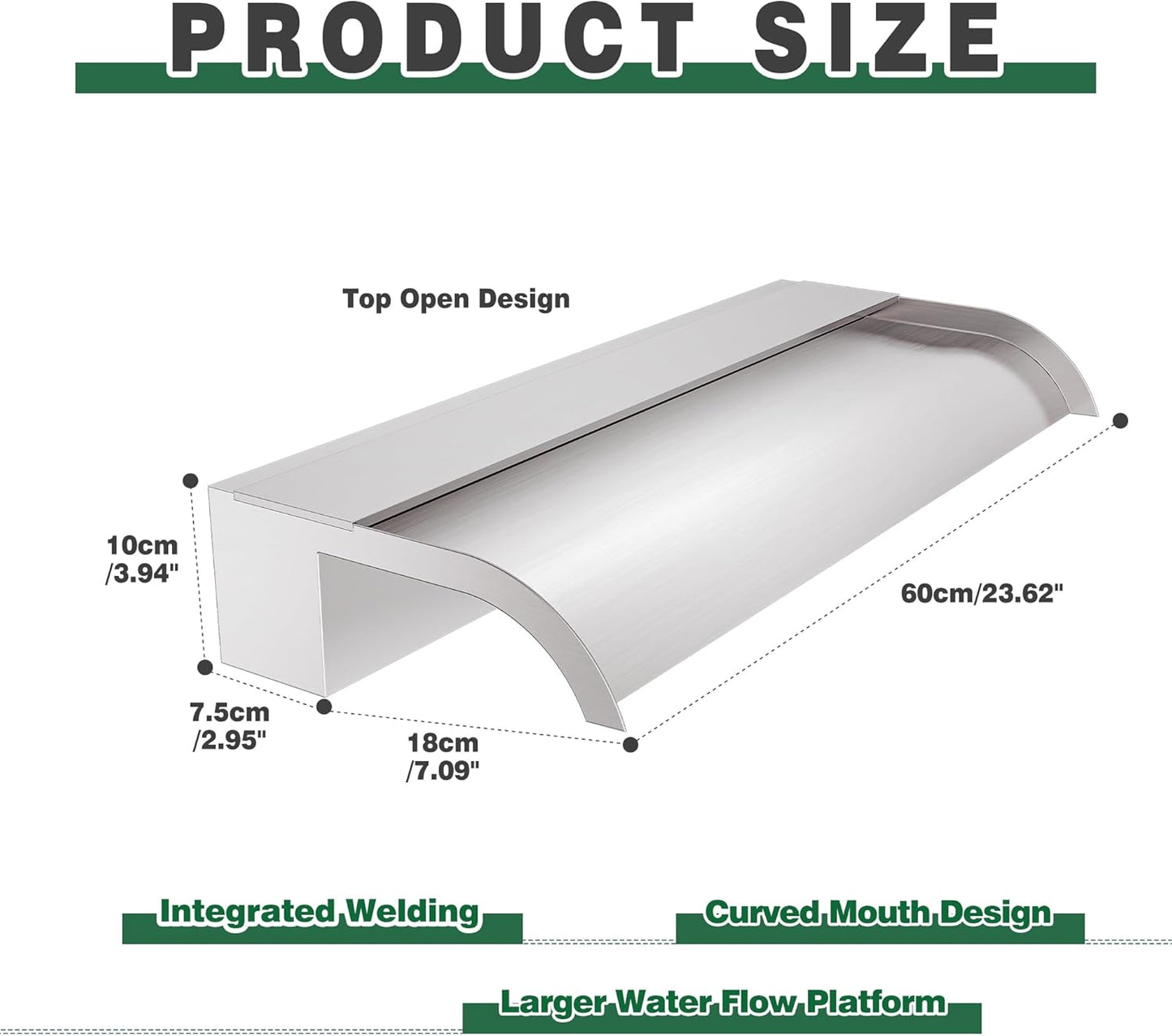 Waterfall Spillway, Stainless Steel Pool Fountain w/Top Open Lip & Pipe Connector Kits for Outdoor/Indoor Decorative, 23.6'' Pool Water Feature for Garden Patio, Backyard Koi Pond Decor