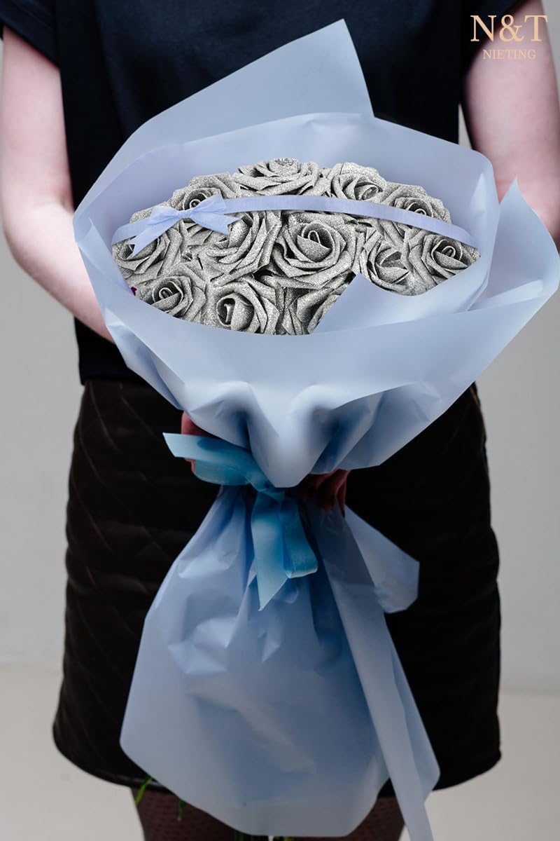N&T NIETING Artificial Flowers Glowing Silver Flowers Foam 25pcs Glitter Roses Real Looking Fake Roses with Stem for DIY Wedding Bouquets Centerpieces Bridal Shower Party Home Decorations