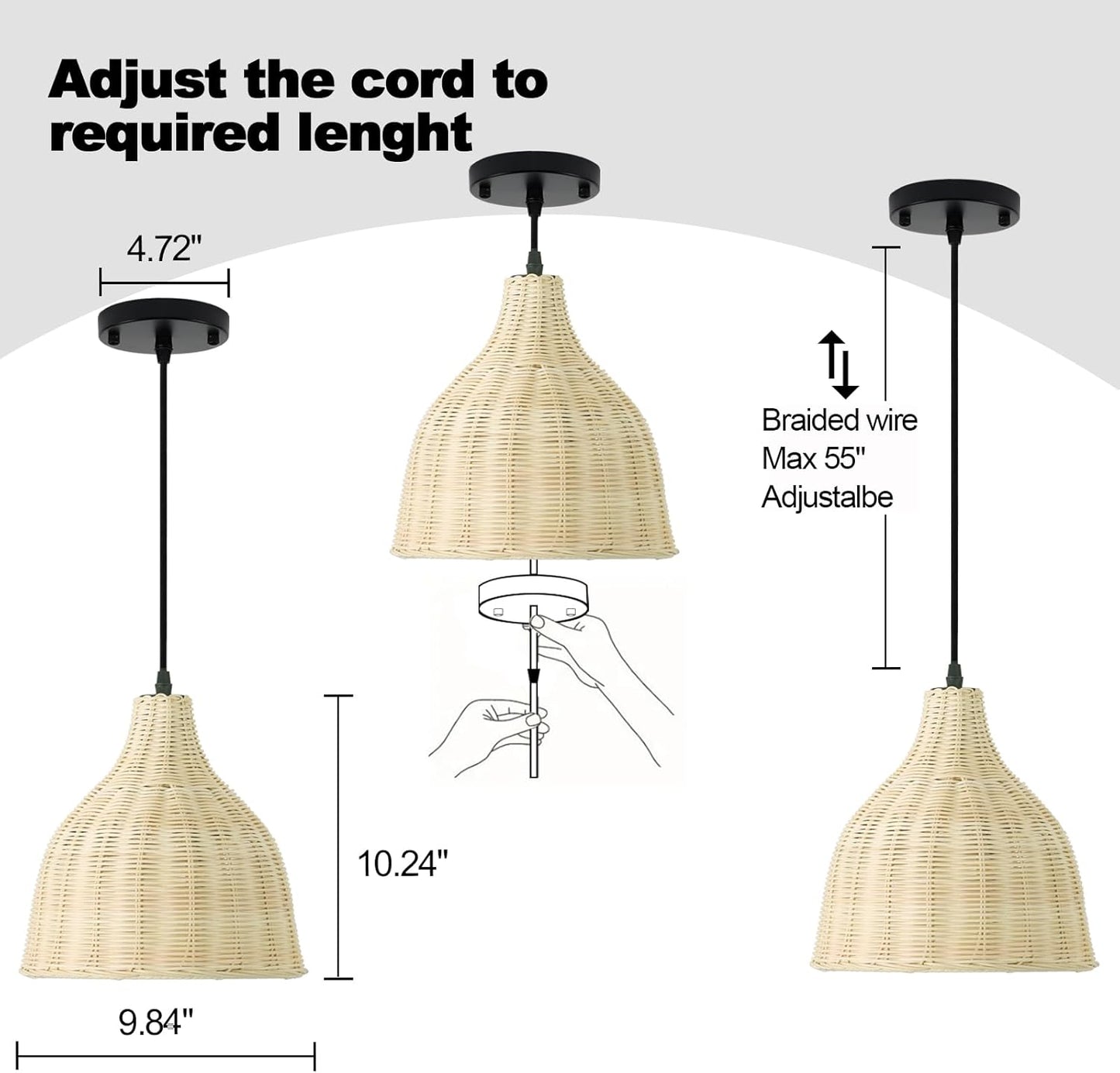 TERLEENART Hard Wired Rattan Pendant Lights Set of 2,Boho Wicker Chandelier with 9.84” Dome Shade, Basket Hand Woven Hanging Lamp for Coastal Kitchen Island Dining Room Living Room Bar Foyer Hallway