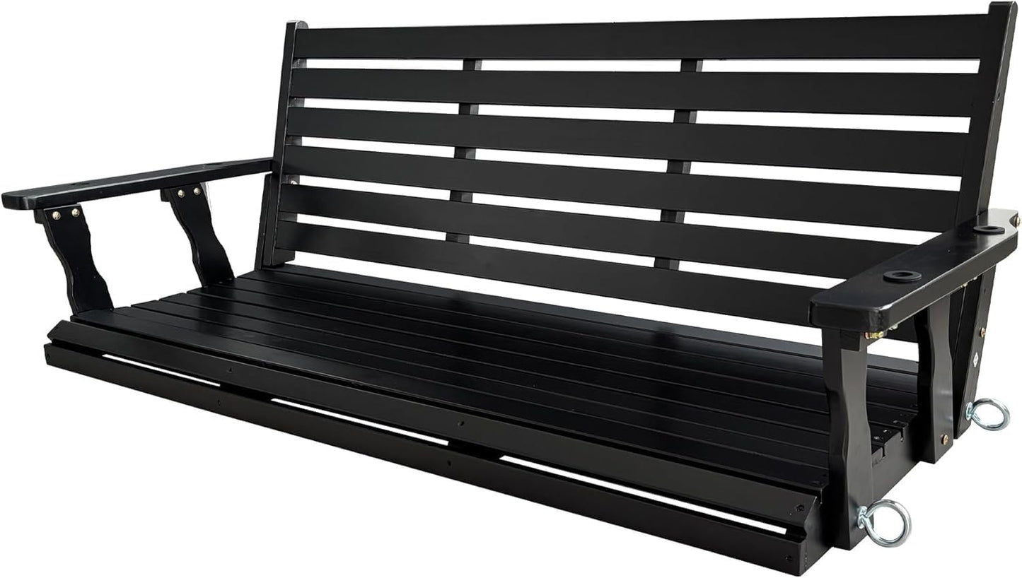 Wooden Porch Swing, Ergonomic Seat, Bench Swing with Hanging Chains and 7mm Springs, Heavy Duty 880 LBS, for Outdoor Patio Garden Yard (Carbon Black, 3-Seater Extra Large)