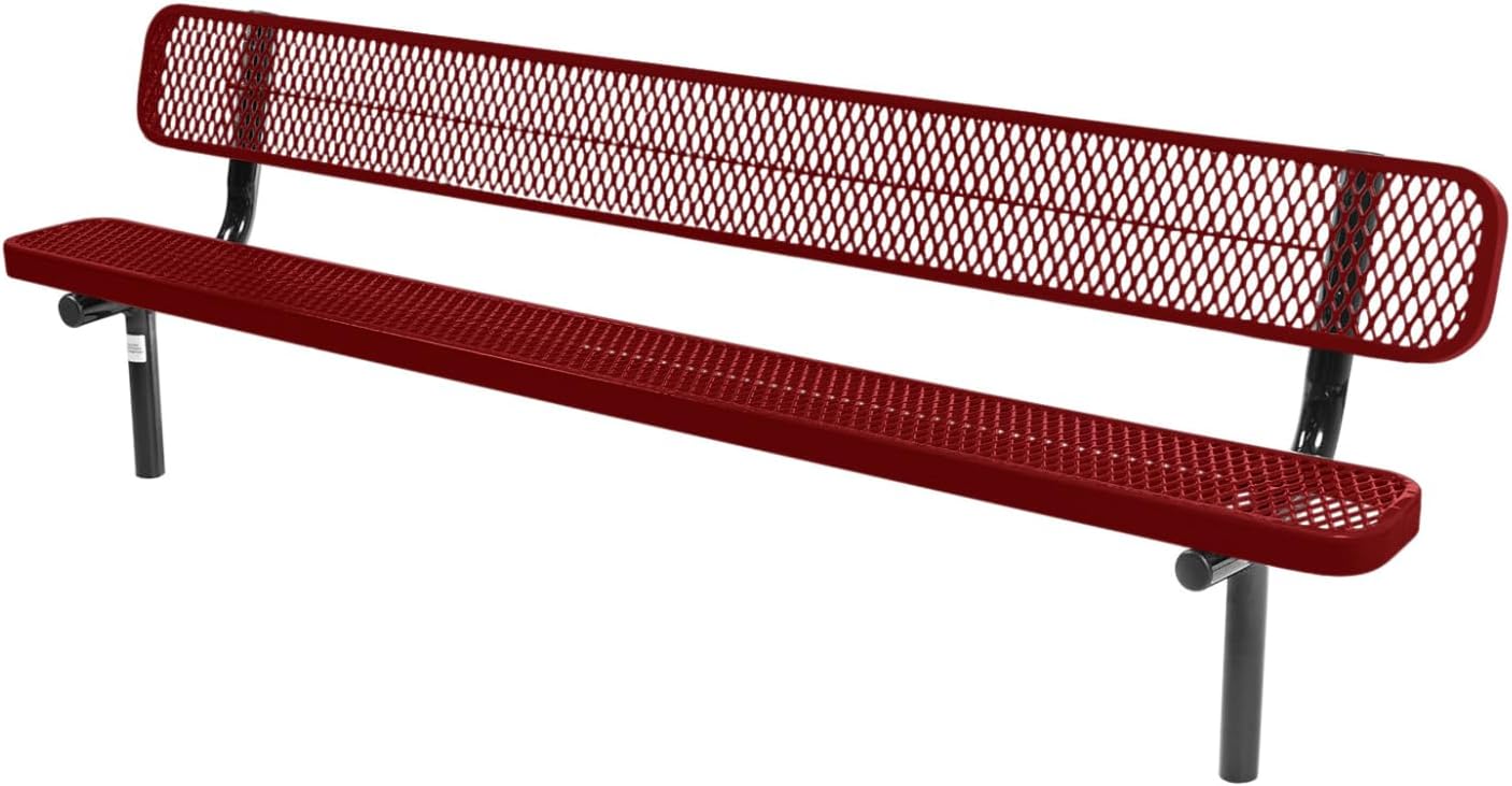 Coated Outdoor Furniture Heavy-Duty Outdoor Bench Thermoplastic Coated, Expanded Metal, Commercial-Grade Seating, Made in America (Inground with Back, 8 Ft, Textured Burgundy)