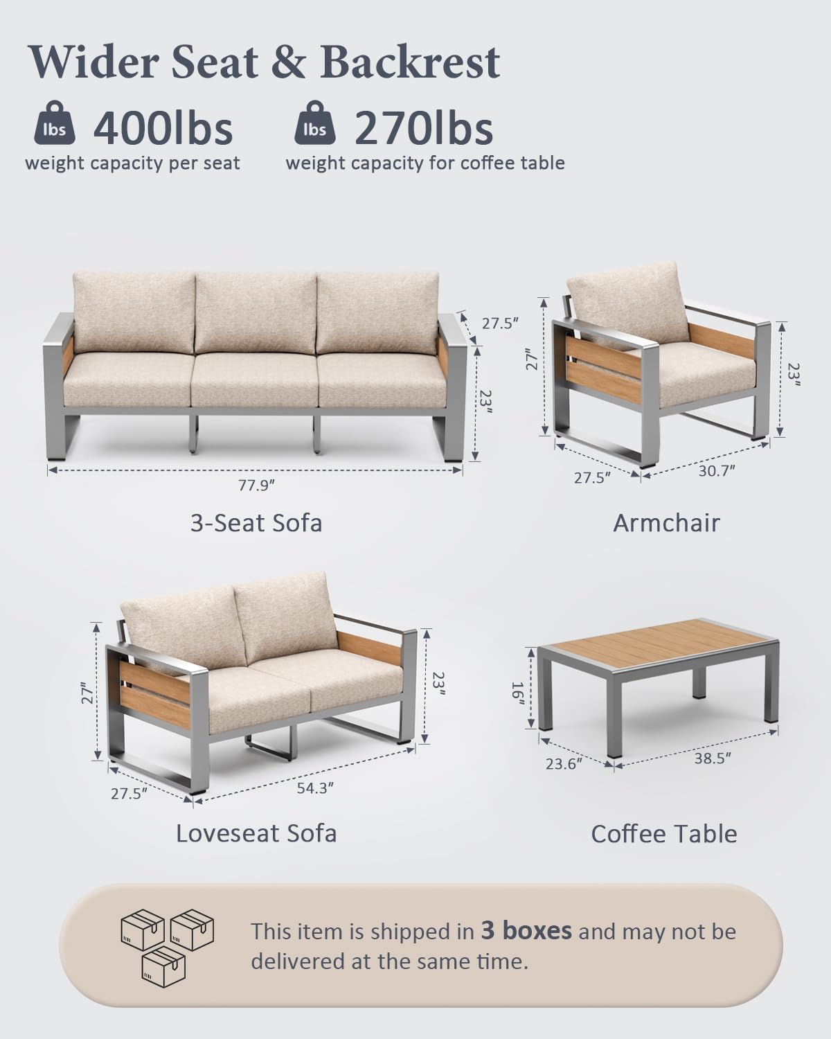 ZANDOR Aluminum Outdoor Patio Furniture - 2 Pcs Armchair, All-Weather Metal Modern Outside Furniture with Washable Thick Cushion for Garden/Backyard/Porch, Silver