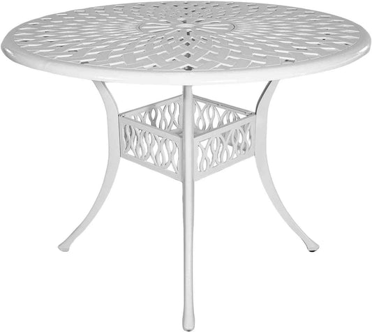 42 Inch Outdoor Patio Dining Table Round Cast Aluminum Table with 1.97" Umbrella Hole, All Weather Metal Bistro Table for Porch,Backyard,Garden,Balcony,White