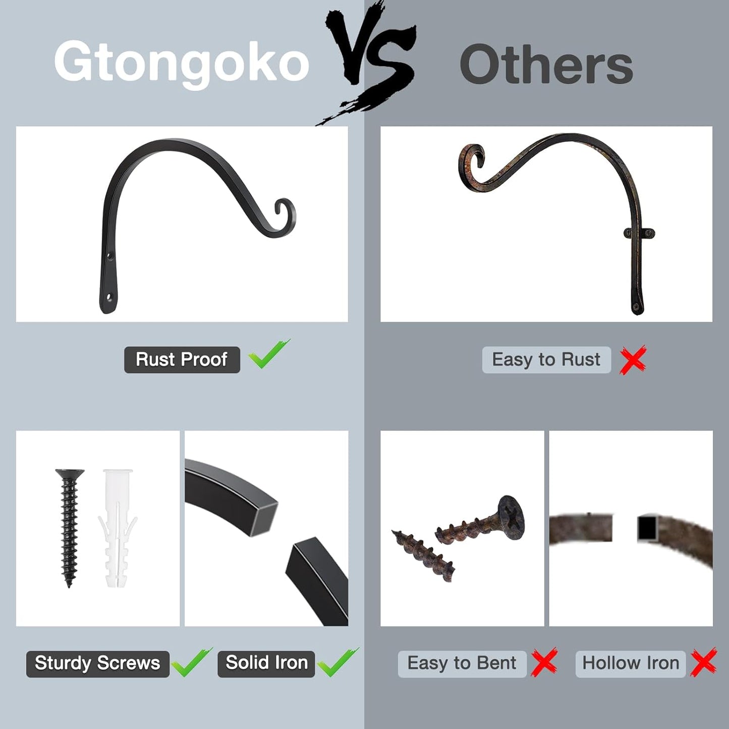 Gtongoko 2 Pack 8 Inch Plant Hangers Outdoor Metal, Plant Hooks for Wall Indoor, Outdoor Hooks for Hanging Bird Feeders, Plant Bracket, Lanterns, Wind Chinme, Black