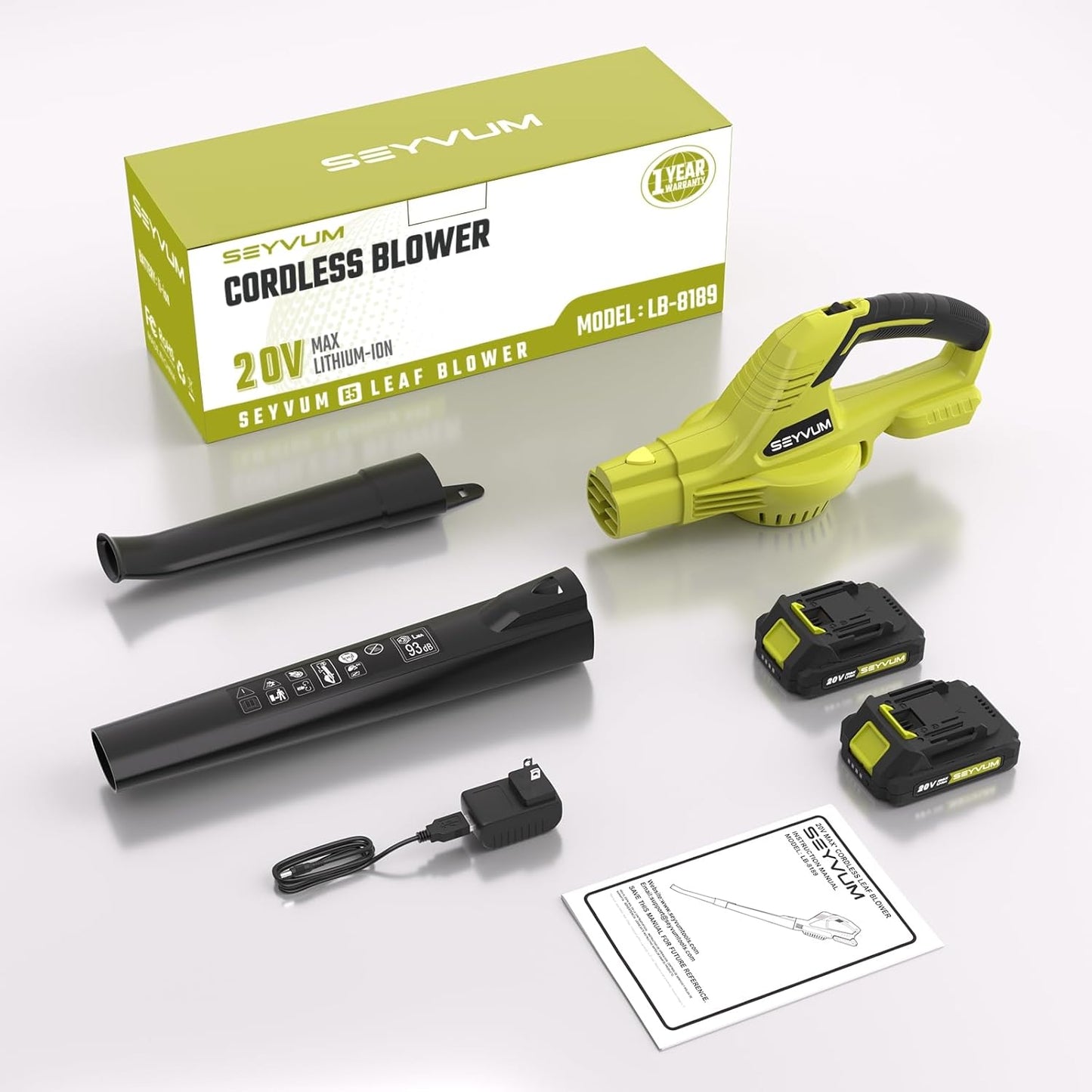 SEYVUM Leaf Blower, 20V Cordless Blower with 2 x 2.0Ah Battery, Electric Leaf Blowers for Lawn Care, 320 CFM 150 MPH Battery Powered Leaf Blower, for Patio, Garden Cleaning, Fast Charger, Lemon Green