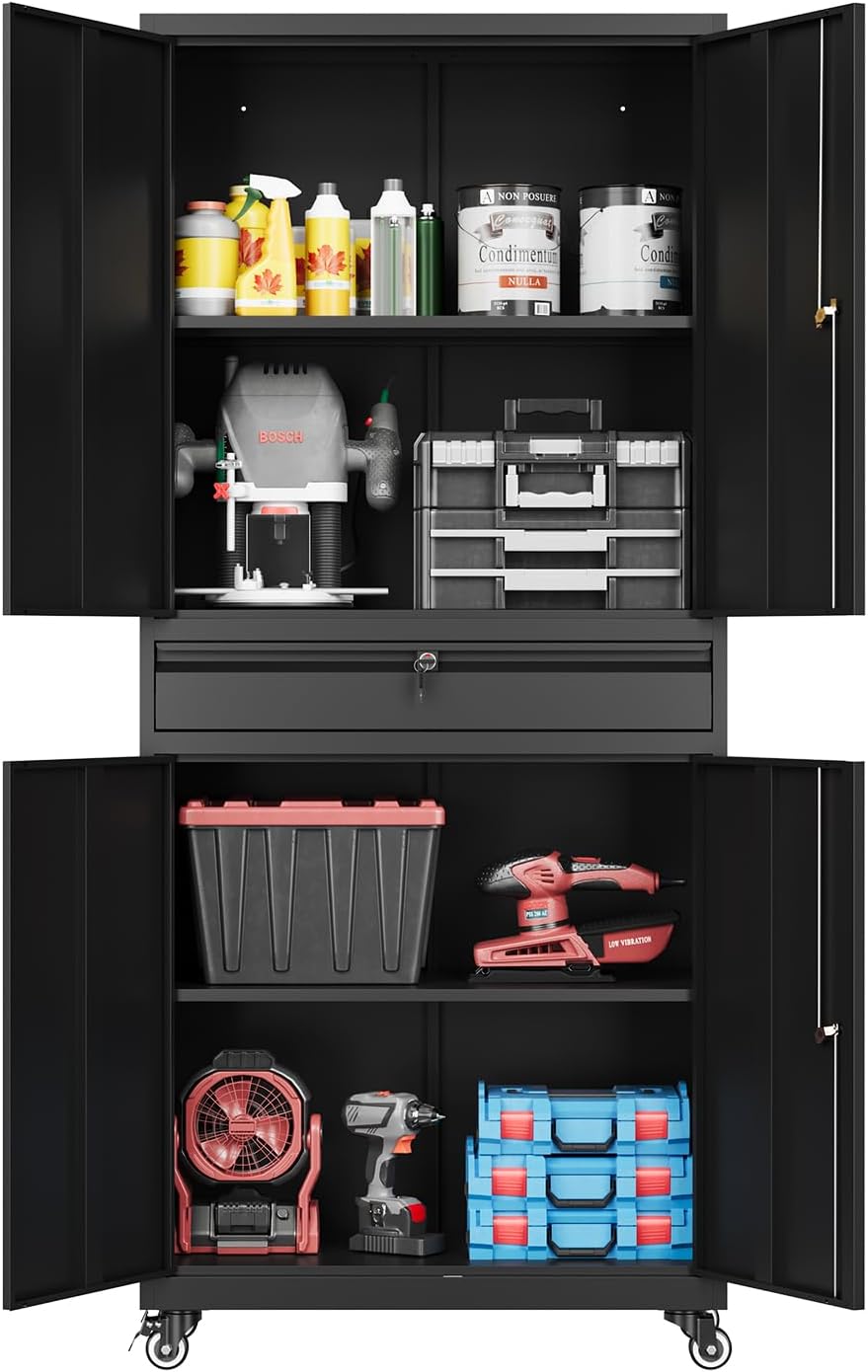 Fesbos 73" Metal Cabinet-Black Heavy Duty Rolling Storage Cabinet Steel Tool Cabinets with Wheels, Shelves, Lockable Doors and Drawers- for Garage, Pantry, Warehouse Home Office- Assembly Required