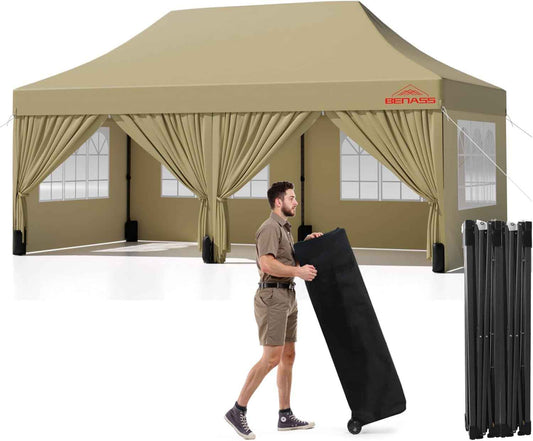 10x20 Heavy Duty Pop Up Canopy with 6 Sidewalls, 550D Commercial Easy Up Canopy Tent, Waterproof Outdoor Party Event Tent with Roller Bag, Khaki