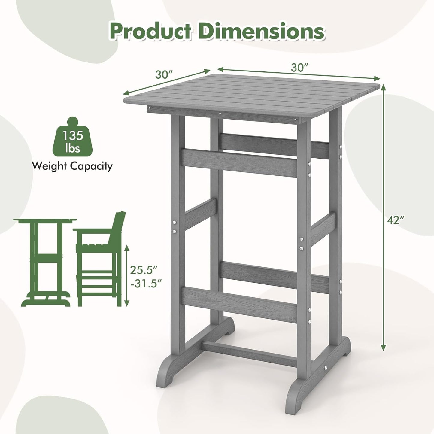 Giantex 42" Height Outdoor Tall Bar Table, HDPE Square Pub Tables with Wood Grains, High Top, Cocktail Bistro Table for Adirondack Chairs, Patio, Garden, Poolside, Yard, Balcony, Grey