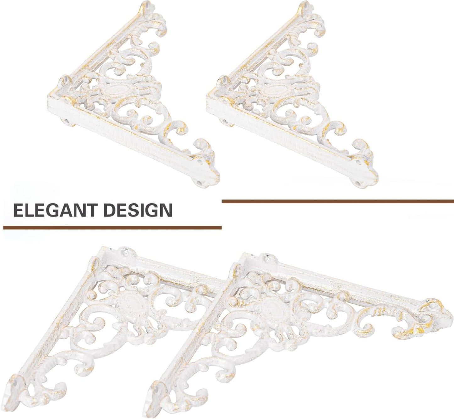 Sungmor Vintage Cast Iron Shelf Brackets - Ornate Decorative Corner Shelf Supports, 2 Pack Garden Wall Hanging Bracket - 7.7 Inch Rustic White Metal Corbels with Scroll Design, Indoor Outdoor Use