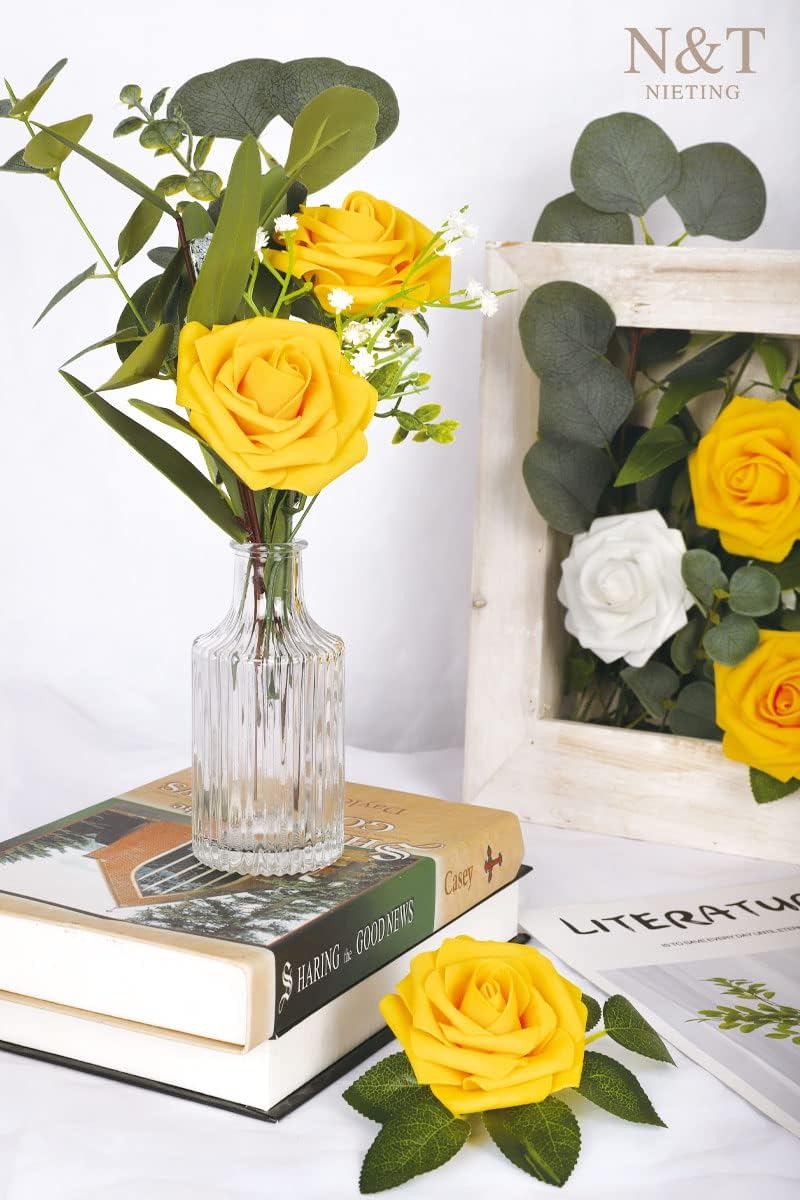 N&T NIETING Artificial Flowers, 50Pcs Fake Flowers Roses Perfect for DIY Wedding Bouquets Centerpieces Bridal Shower Party Home Flower Arrangement Decorations, Gold