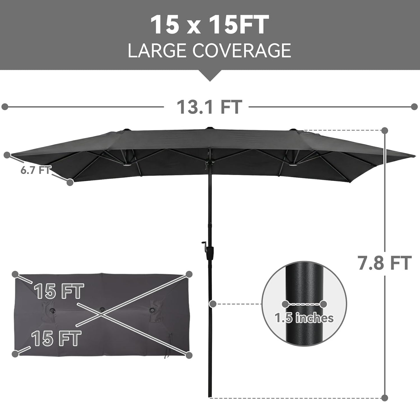 15×15ft Outdoor Patio Umbrella, Double Sided Market Rectangle Umbrella with Crank Handle, Large Sun Shade for Outside Deck, Backyard, Garden