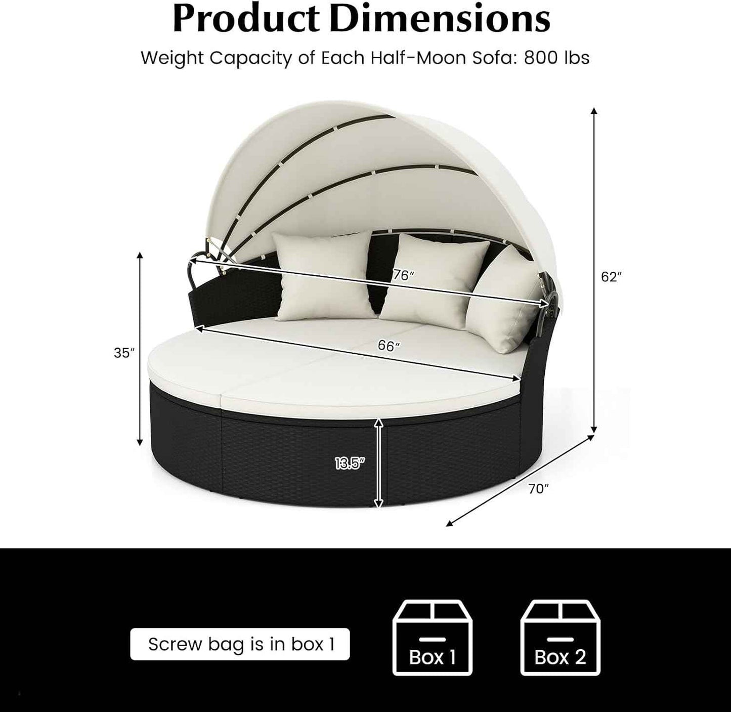 RELAX4LIFE Round Outdoor Daybed with Canopy - Wicker Rattan Sectional Sofa Sunbed w/Cushions & 3 Pillows, Clamshell Conversation Lounger Separated Seating Set for Garden Porch, Patio Day Bed (Beige)