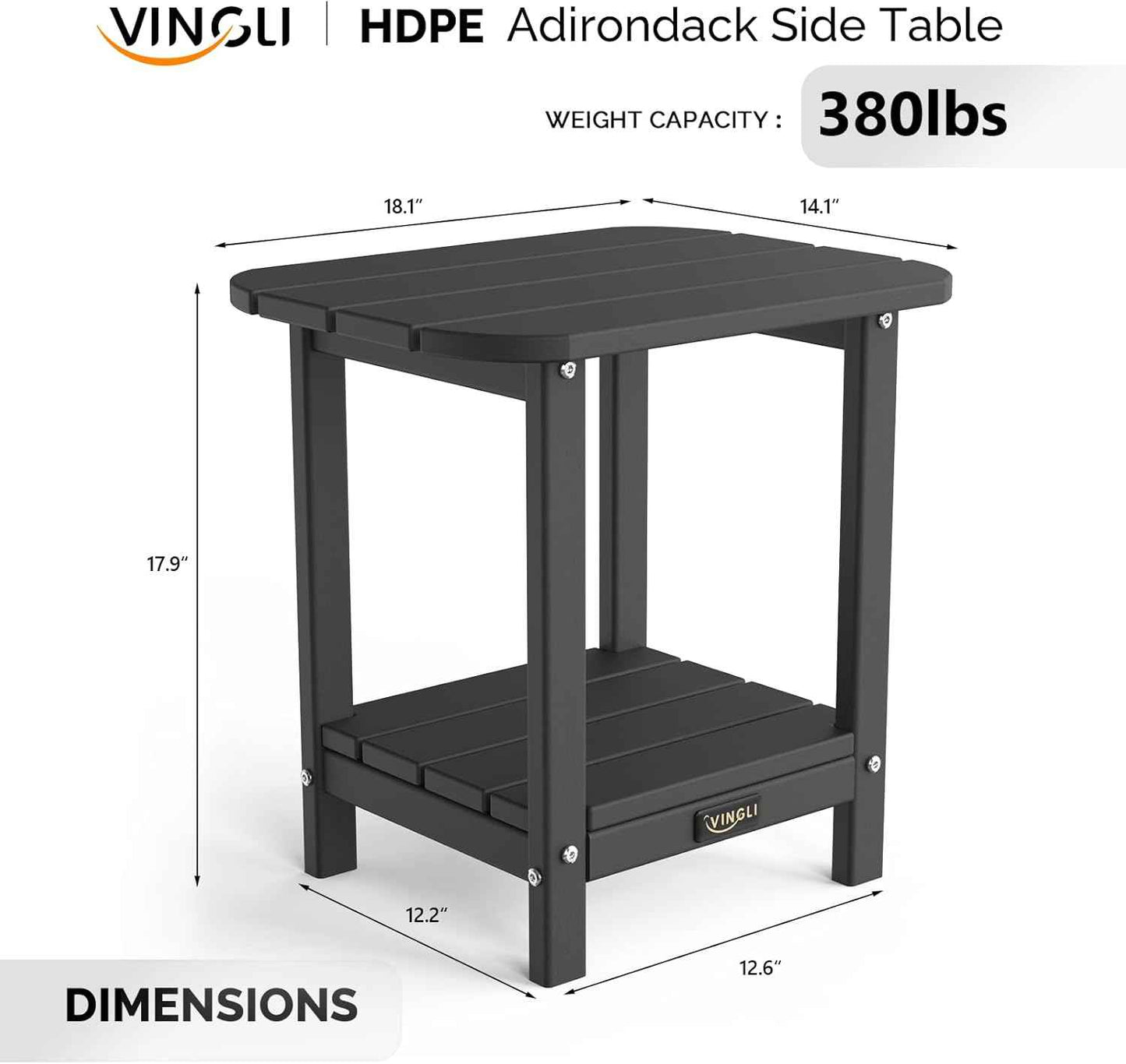 VINGLI Outdoor Side Table, 2-Tier HDPE Adirondack Side Table with Storage, Weather-Resistant Patio End Table for Backyard, Pool, Deck, Indoor Use (Black)