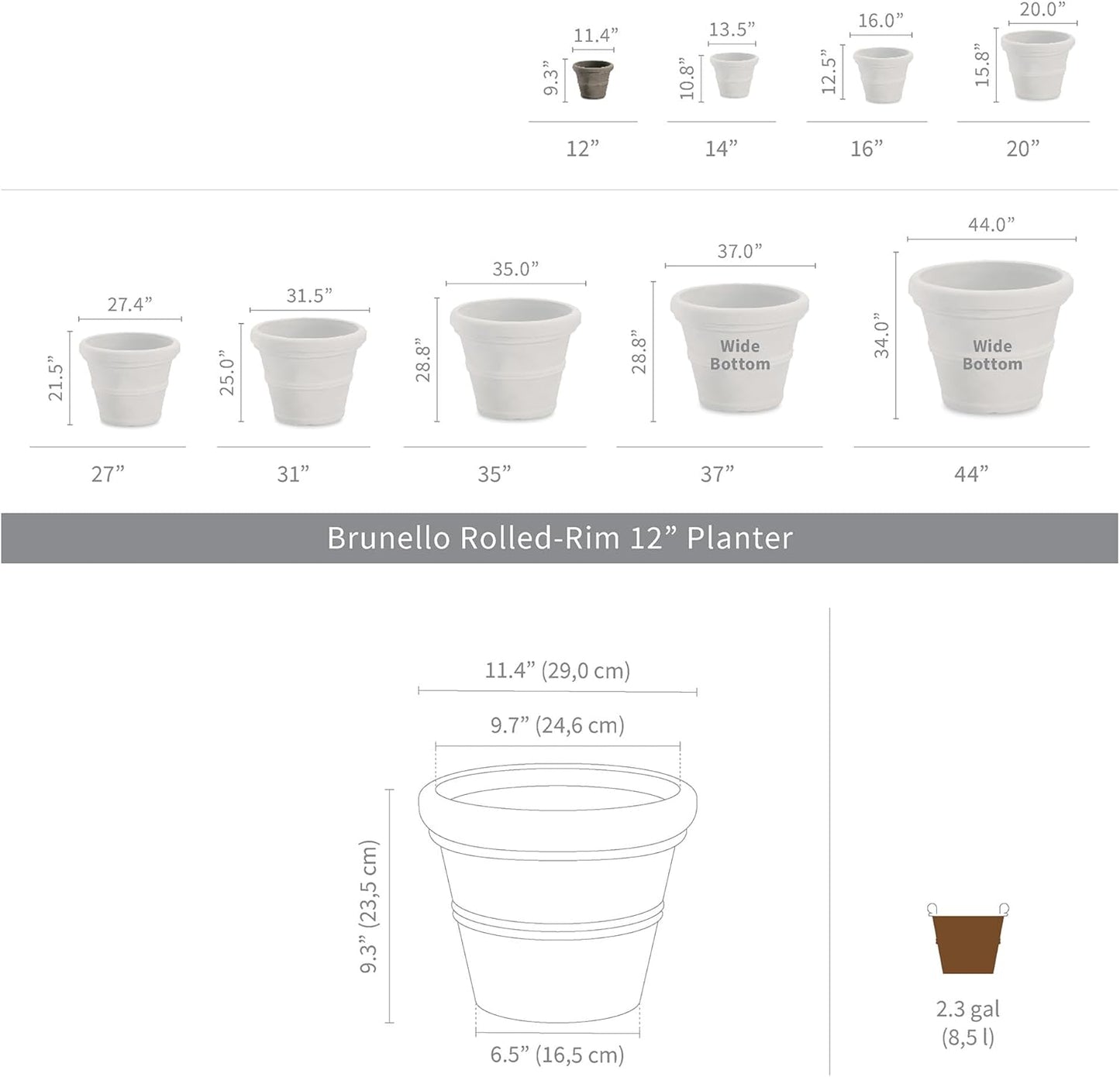 Crescent Garden Brunello Planter, Classic Rolled-Rim Plant Pot, Plastic Indoor-Outdoor Planter, 12-Inch (Weathered Concrete-Color)