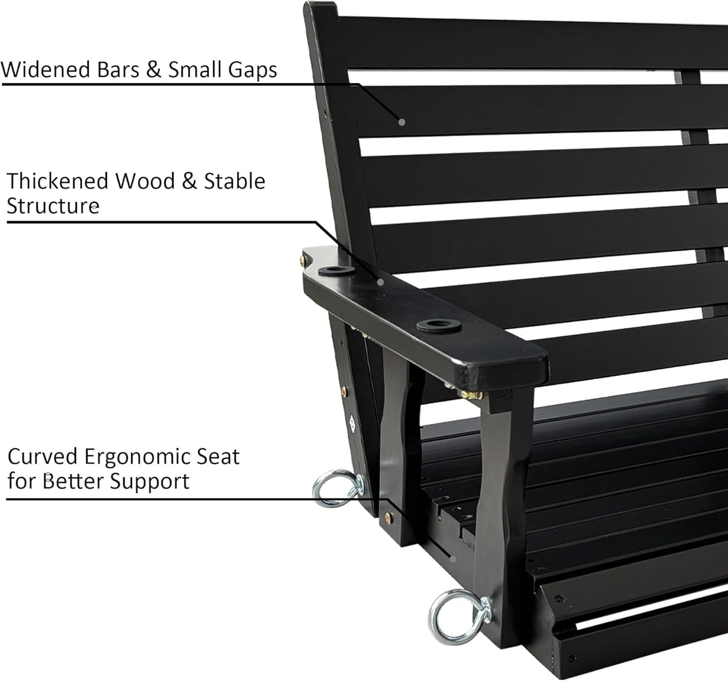 Wooden Porch Swing, Ergonomic Seat, Bench Swing with Hanging Chains and 7mm Springs, Heavy Duty 880 LBS, for Outdoor Patio Garden Yard (Carbon Black, 3-Seater Extra Large)