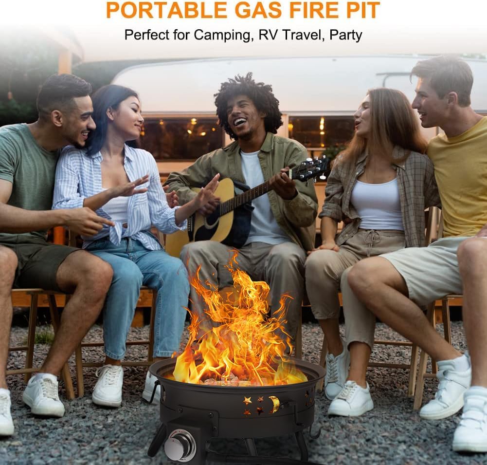 Portable 17 inch Propane Fire Pit 58000 BTU Smokeless Gas Fire Bowl with Adjustable Flame,Cover Carry Kit,CSA Certified for Camping,Patio,Backyard,RV&Tailgating-Includes Hose&Lava Rocks