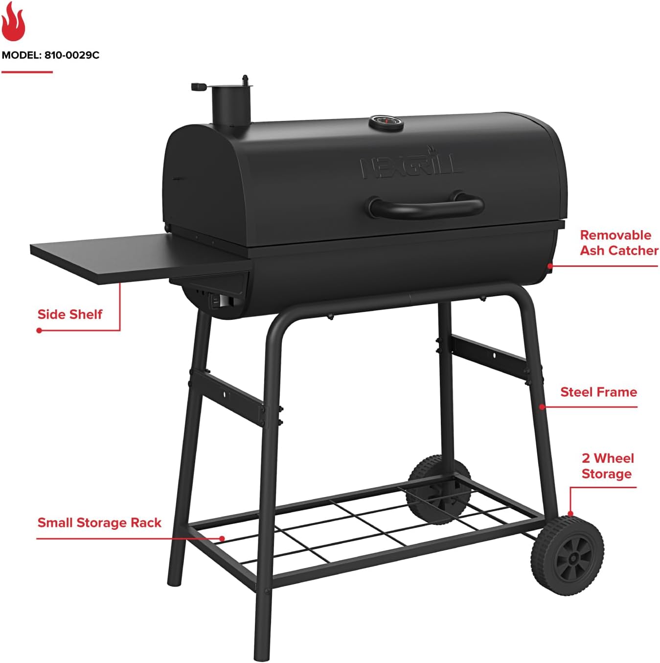 Nexgrill Premium 29" Charcoal Grill with Side Shelf, 552 SQ In Cooking Space, Adjustable Charcoal Tray, Chimney Air Vent, Warming Rack, Barrel Smoker Grill for Camping, Picnics, and More - 810-0029C