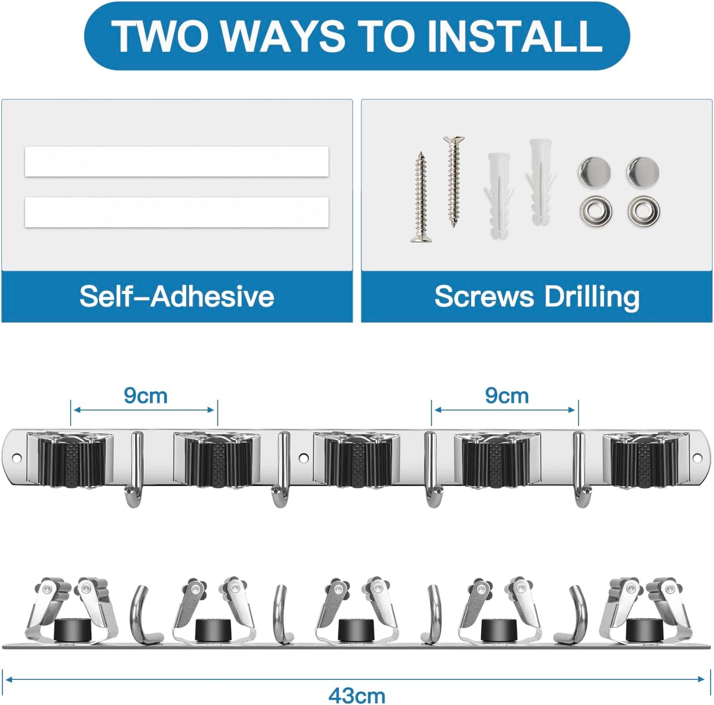 IMILLET Broom Holder Wall Mounted, Stainless Steel Broom Mop Holder Self Adhesive Heavy Duty Hooks Storage Organizer for Home Laundry Room Garden Garage Closet Kitchen 1 Pack（5 Racks with 4 Hooks）