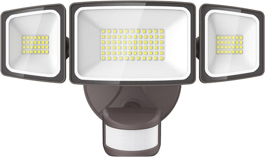 Onforu 65W LED Security Lights Motion Sensor Light Outdoor, 6500LM, 6500K, IP65 Waterproof, Flood Light Outdoor Motion Detector with Adjustable 3 Head, Hardwired Wall Light for Entryway, Yard (Brown)