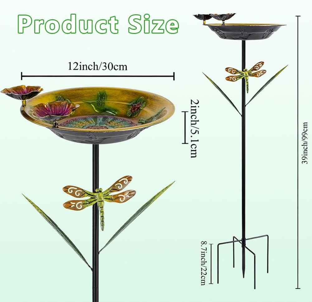 DREAMSOUL 39" Tall Bird Bath with Dragonfly Stake, Metal Birdbath with Flower Feeders, Freestanding Bird Bath for Outside Garden Yard Patio